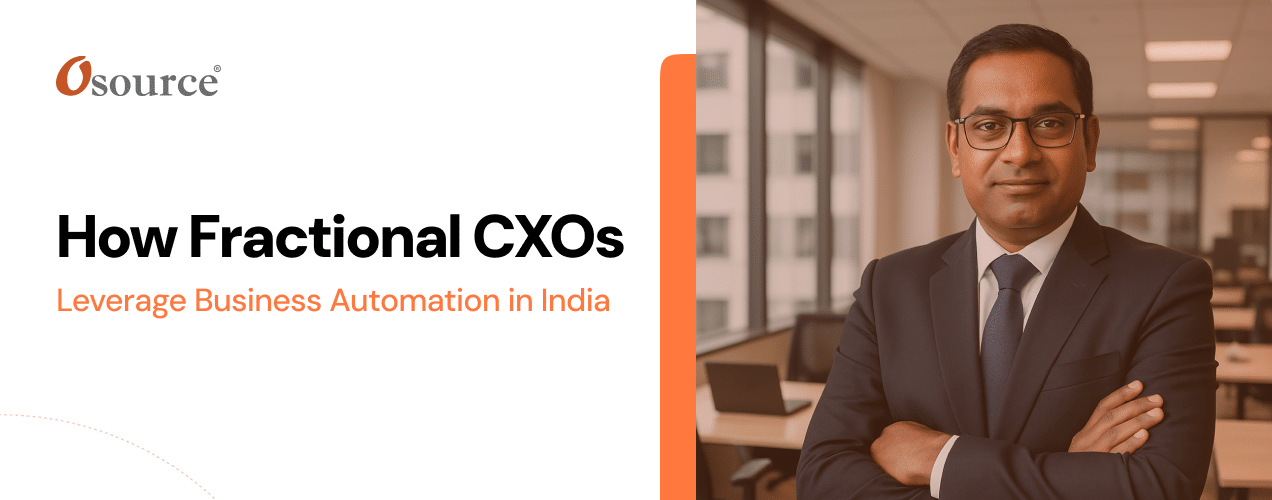 Banner image with text "How Fractional CXOs Leverage Business Automation in India" alongside a professional standing with arms crossed in an office setting.