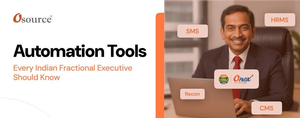 Banner image with text " Automation Tools Every Fractional Executive Should Know About" alongside a professional sitting in an office setting.